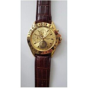 Milagro Quartz Gold Tone Dial 40 mm Case Brown Faux Leather Band Watch 9 Inch